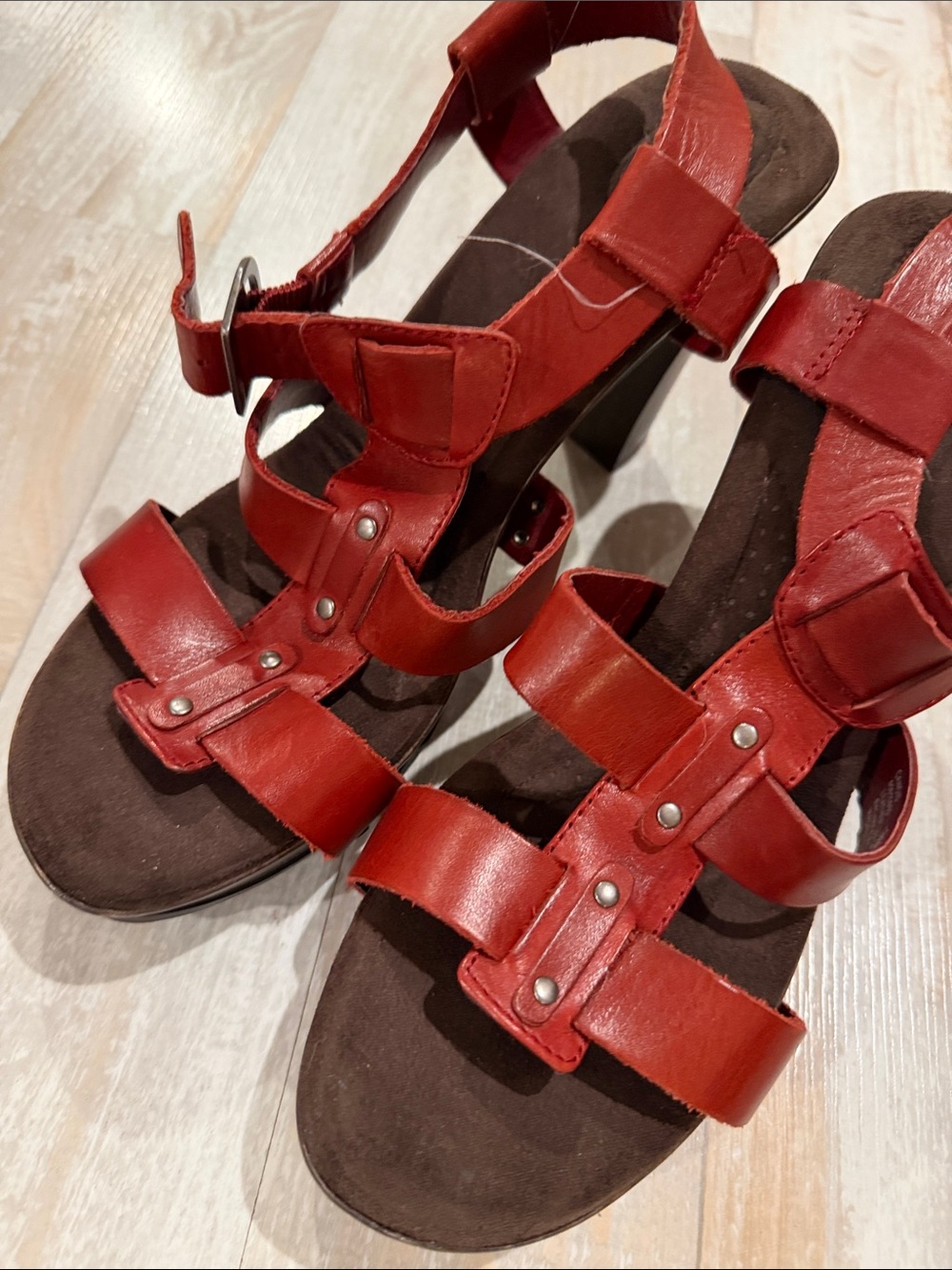 Dr. Scholl’s Red Leather Platform Sandals with Buckle Strap